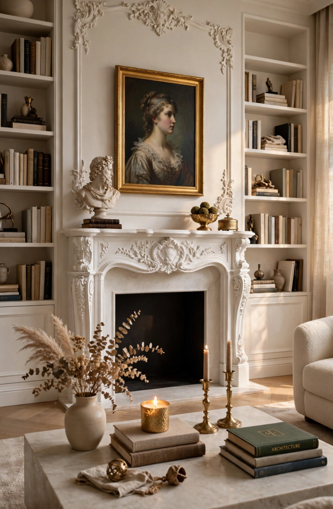French provincial fireplace decor featuring an ornate white carved mantel, classical oil portrait in a gold frame, and flanking floor-to-ceiling bookshelves.