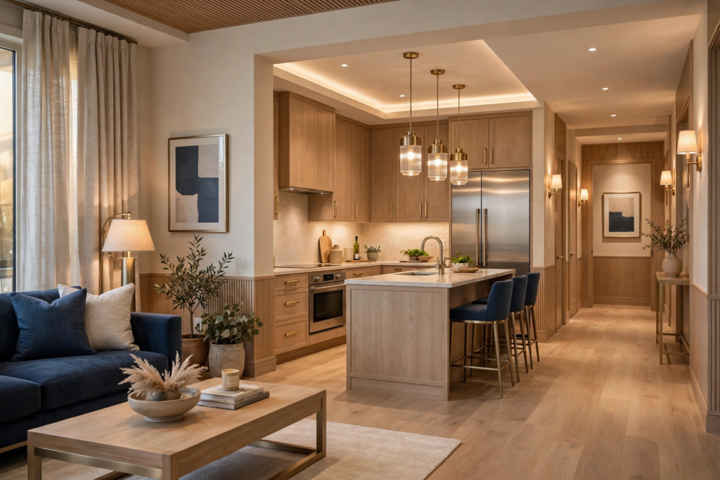Modern luxury open concept kitchen and living room featuring light wood flat-panel cabinets, island with blue velvet barstools, and matching navy sofa.