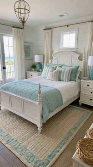 A bright coastal-style bedroom featuring a white wooden bed, blue and white striped pillows, and a jute rug, highlighting refreshing bedroom makeover ideas on a budget.