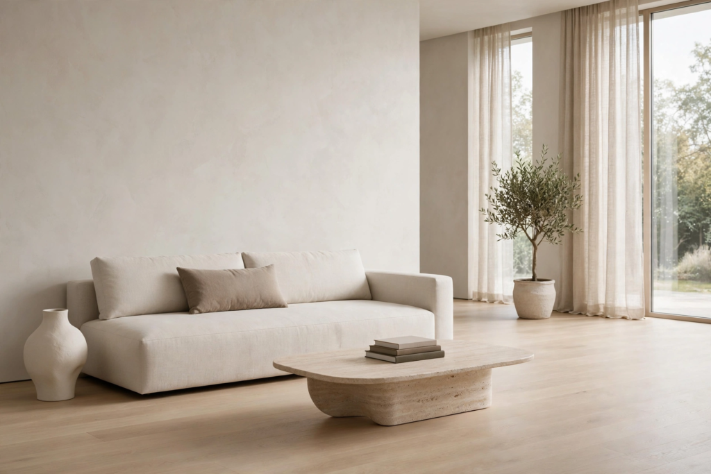 Minimalist modern luxury living room featuring a low-profile cream sofa, curved travertine coffee table, limewash walls, and an indoor potted olive tree.