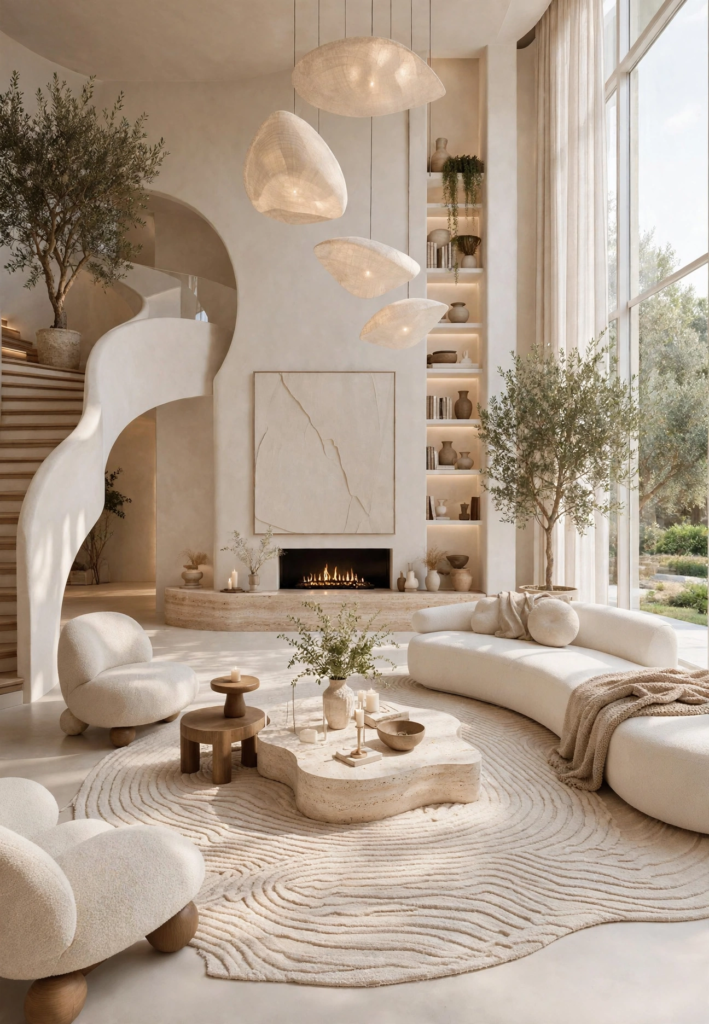 Modern luxury organic living room featuring a curved cream sofa, sculptural staircase, travertine coffee table, and cascading pendant lights.