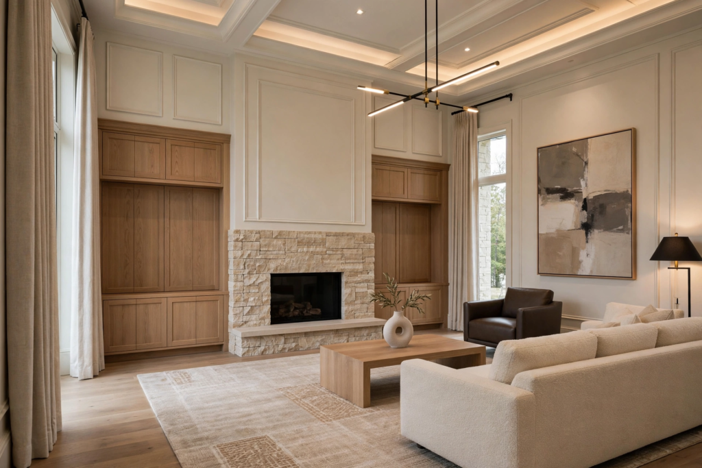 Modern luxury transitional living room featuring a stacked stone fireplace, custom light oak built-ins, tray ceiling with cove lighting, and cream sofa.