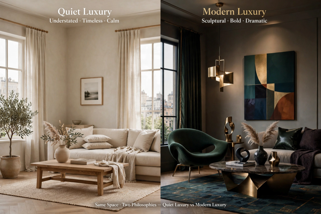 Side-by-side comparison of quiet luxury vs modern luxury interior design showing understated neutral decor alongside bold, dramatic furnishings.