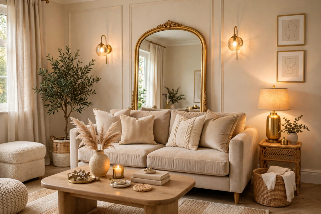 Neutral living room featuring affordable luxury home decor, including an arched gold floor mirror, cream sofa, and warm ambient lighting.