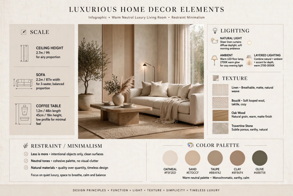 Infographic detailing luxurious home decor elements for a warm neutral living room, covering furniture scale, lighting, textures, and color palette.   