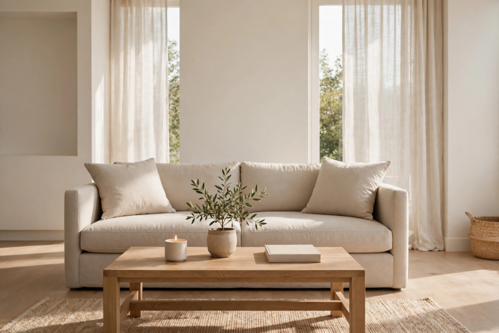 Minimalist living room styled with affordable luxury home decor, featuring a cream tailored sofa, wooden coffee table, and sheer linen curtains.   