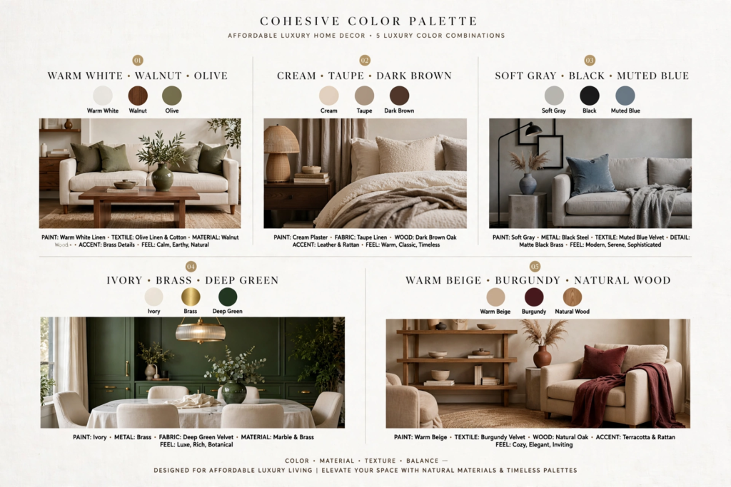 Infographic of affordable luxury home decor featuring five cohesive color palettes with corresponding living room and dining room interior examples.   