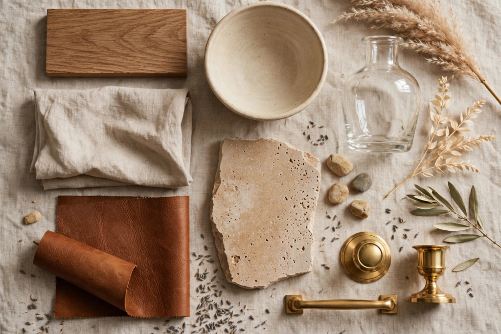 Flat lay mood board of affordable luxury home decor materials, featuring natural oak wood, raw travertine stone, brown leather swatches, and brass hardware.   