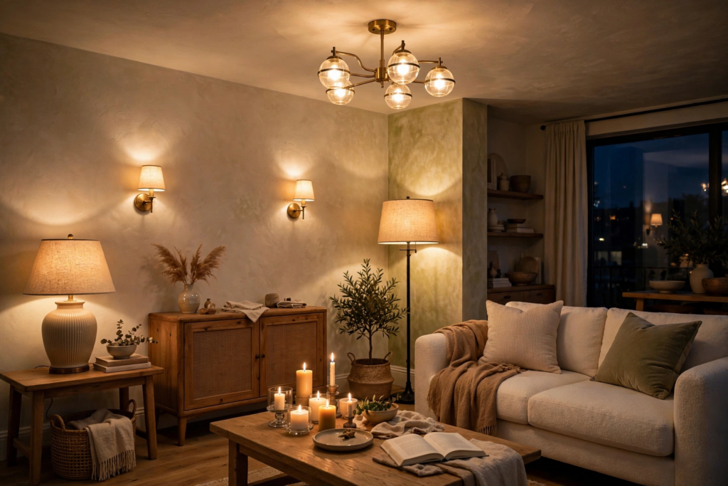 Warmly lit living room featuring affordable luxury home decor with layered ambient lighting, a brass globe chandelier, glowing wall sconces, and cozy seating.   