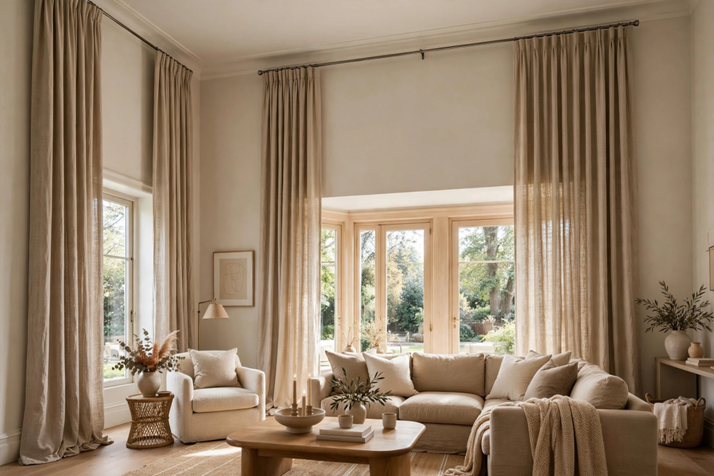 High-ceiling living room featuring affordable luxury home decor, with floor-to-ceiling beige curtains, a large sectional sofa, and natural light.   