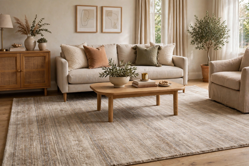 Neutral living room featuring affordable luxury home decor, centered around a large textured area rug, light sofa, and oak coffee table.   