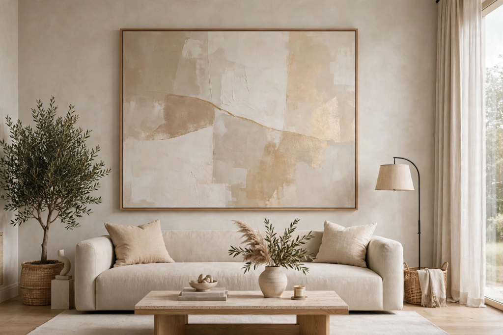 Minimalist living room featuring affordable luxury home decor, anchored by oversized abstract canvas wall art above a neutral cream sofa.   