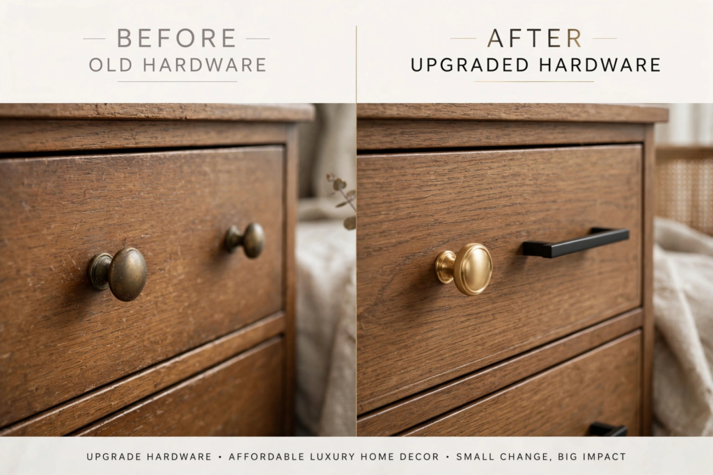 Before and after comparison of affordable luxury home decor hardware upgrades on a wooden nightstand drawer.   