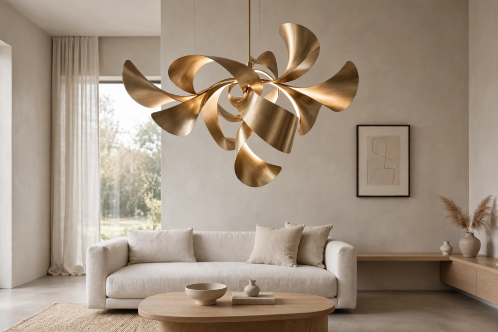 Minimalist living room featuring affordable luxury home decor, highlighted by a large sculptural brushed brass ribbon chandelier above a cream sofa.   