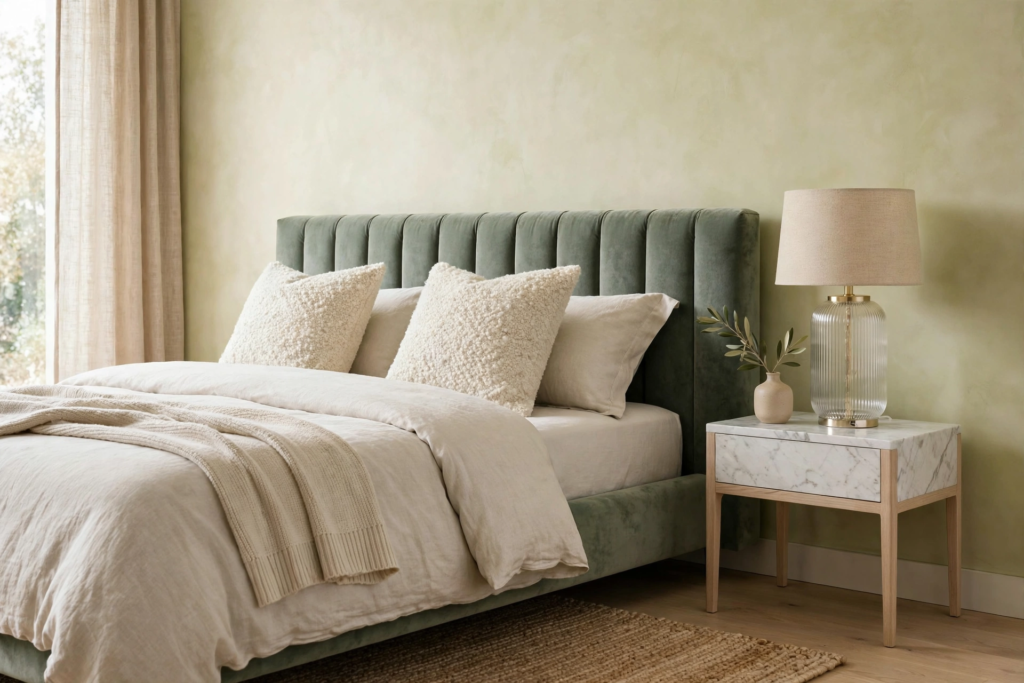 Serene bedroom featuring affordable luxury home decor with a channel-tufted sage green velvet headboard, neutral linen bedding, and a marble nightstand.   
