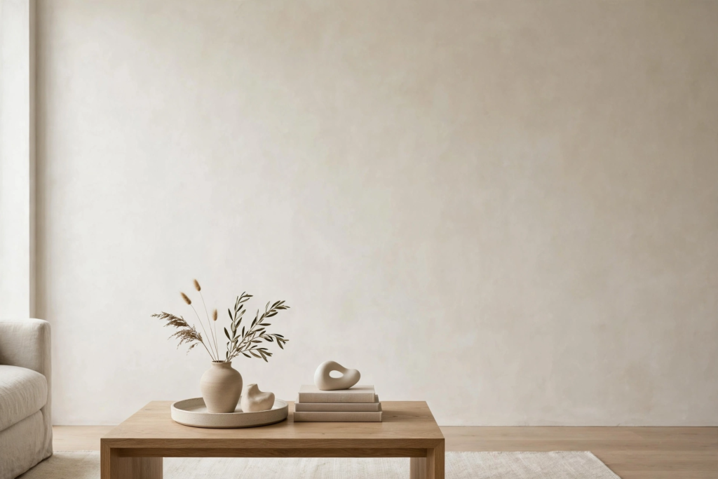 Minimalist living room featuring affordable luxury home decor, with curated ceramic vases and decorative objects on a light wood coffee table against a blank textured wall.