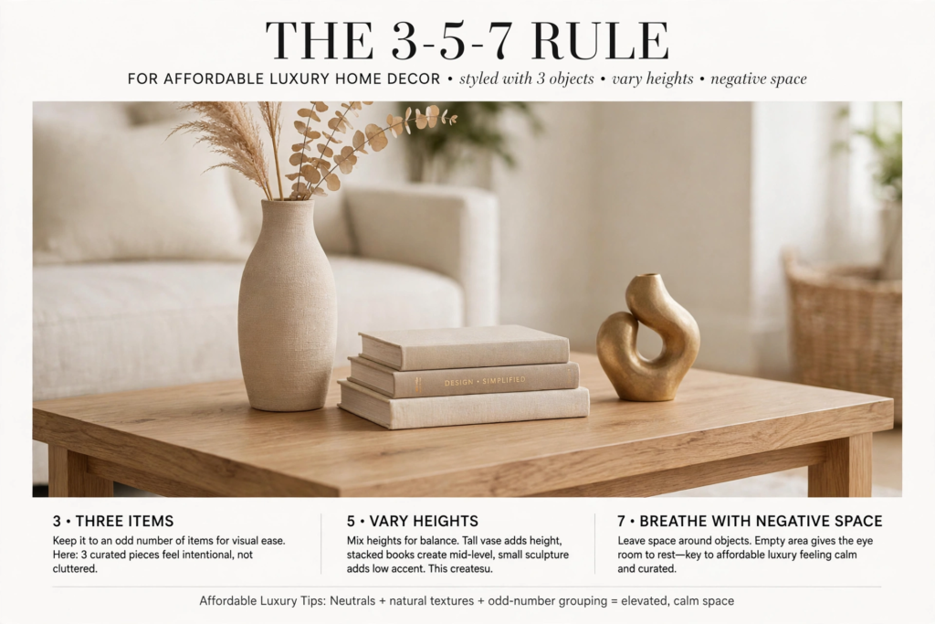 Infographic explaining the 3-5-7 styling rule for affordable luxury home decor, illustrated with a trio of decorative items on a wooden coffee table.   
