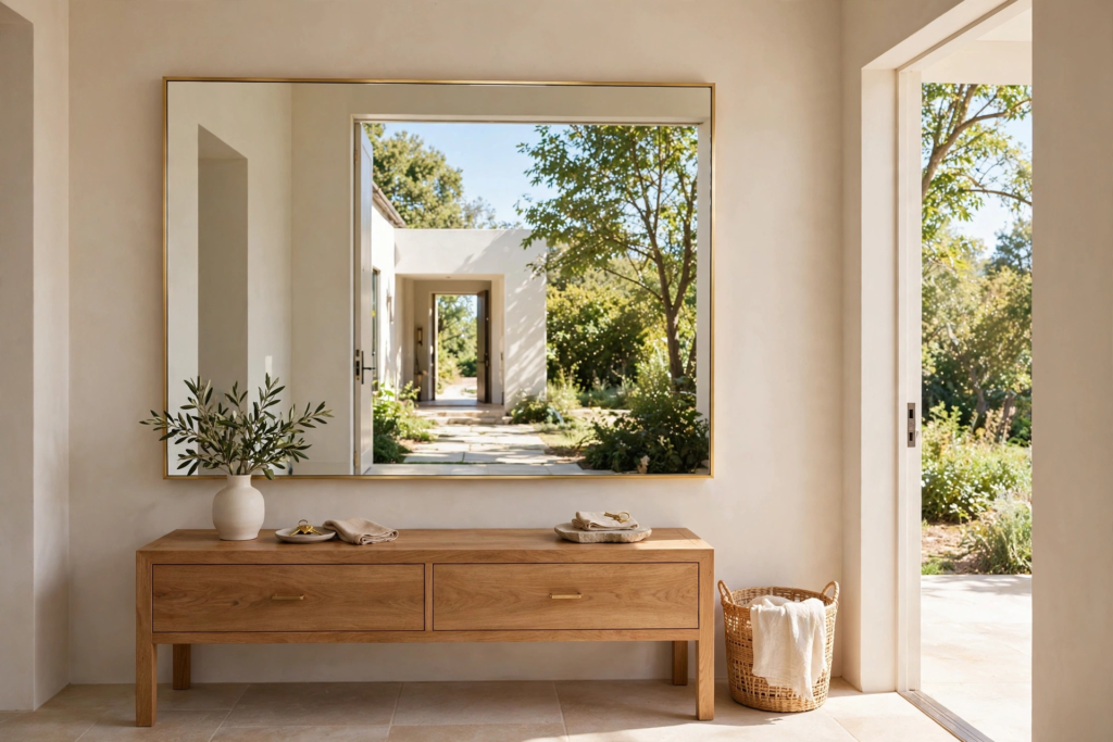 Minimalist entryway styled with affordable luxury home decor, featuring a large brass-framed mirror and a sleek wooden console table.   