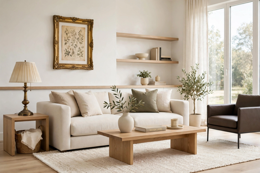 Neutral living room featuring affordable luxury home decor, with an ornate gold botanical art frame, light cream sofa, and built-in floating shelves.   