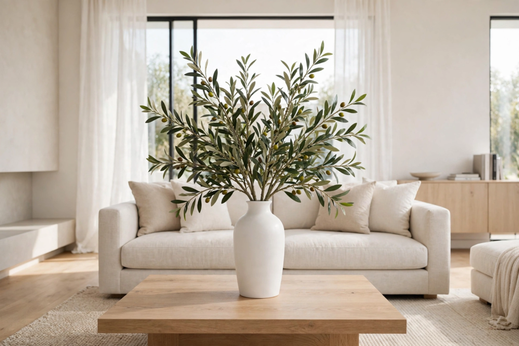 Minimalist living room featuring affordable luxury home decor, centered on a white ceramic vase with lush faux olive branches on a wood coffee table.   