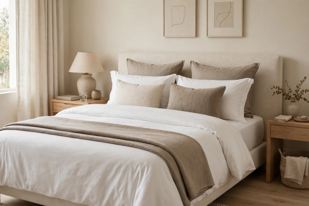 Neutral bedroom featuring affordable luxury home decor, with crisp white bedding layered with taupe linen pillows and a folded throw blanket.   