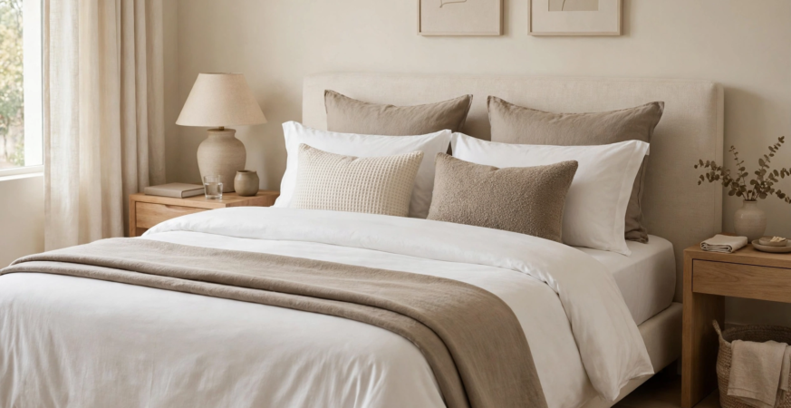 Neutral bedroom featuring affordable luxury home decor, with crisp white bedding layered with taupe linen pillows and a folded throw blanket.