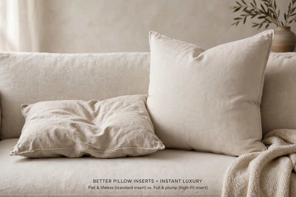 Visual comparison for affordable luxury home decor showing a flat cushion versus a plump, high-fill pillow on a linen sofa.   