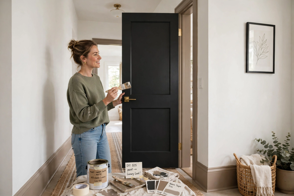 Woman painting an interior door matte black as an affordable luxury home decor DIY project with brass hardware accents.   