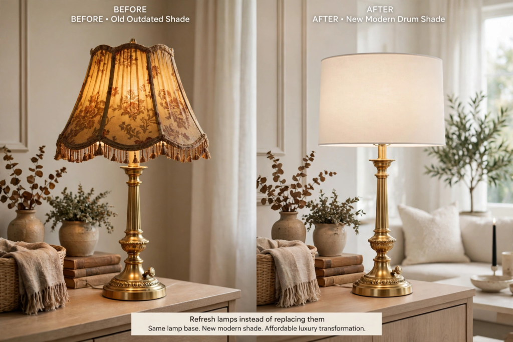 Before and after lamp makeover demonstrating affordable luxury home decor by swapping an outdated fringed shade for a modern white drum shade.   