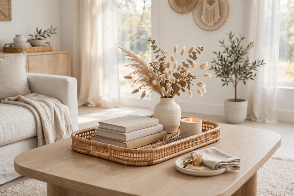 Neutral living room coffee table styled with affordable luxury home decor, featuring a woven rattan tray, ceramic vase of dried bunny tails, and stacked books.   