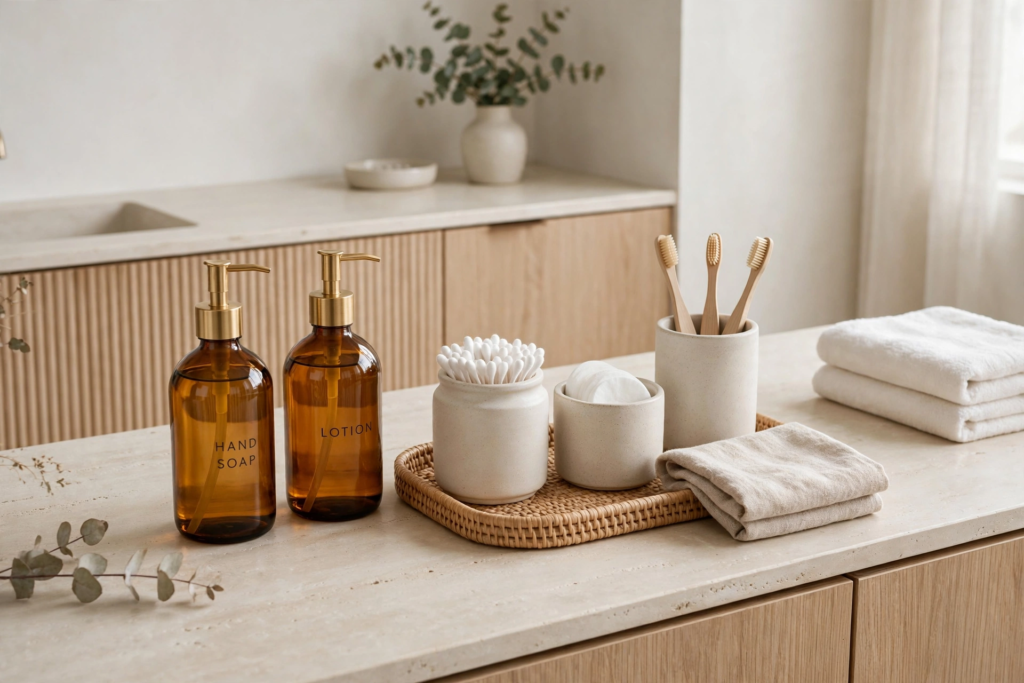 Minimalist bathroom vanity styled with affordable luxury home decor, including amber glass soap dispensers, ceramic canisters on a woven tray, and rolled towels.   