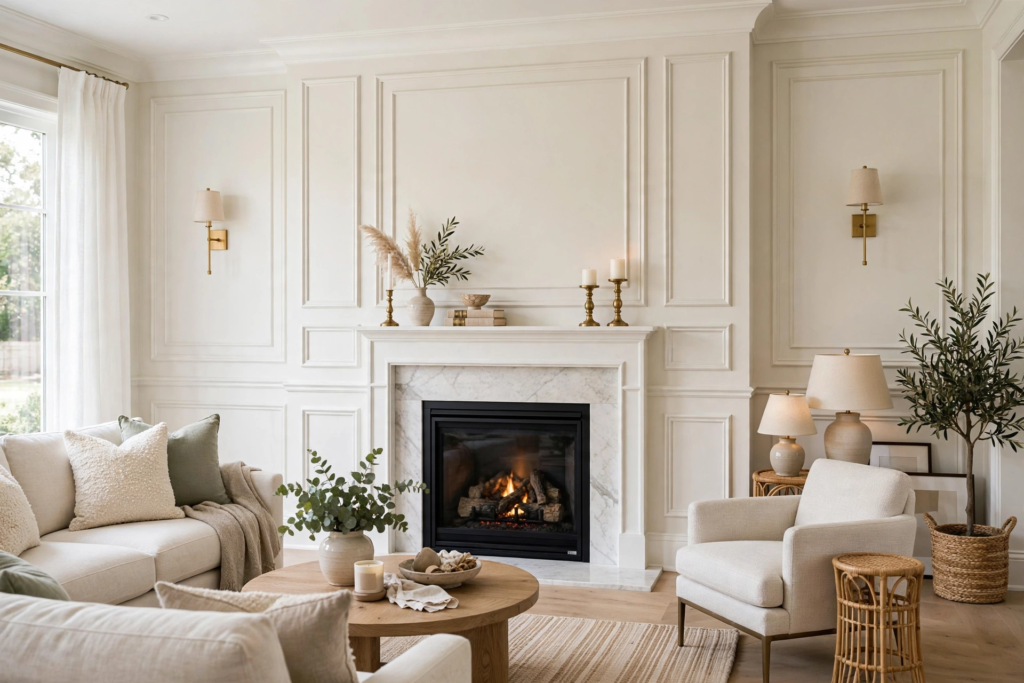 Elegant living room featuring affordable luxury home decor with classic wall moulding, a marble fireplace, and neutral armchairs.   