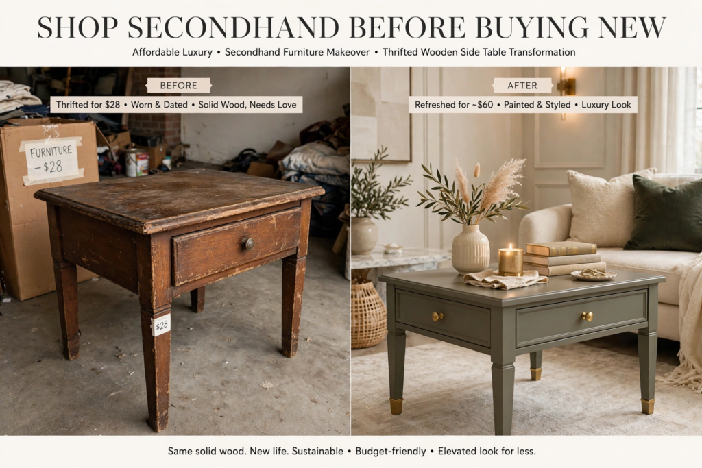 Before and after thrifted furniture flip showing an affordable luxury home decor makeover of a wooden side table painted sage gray with brass hardware.   