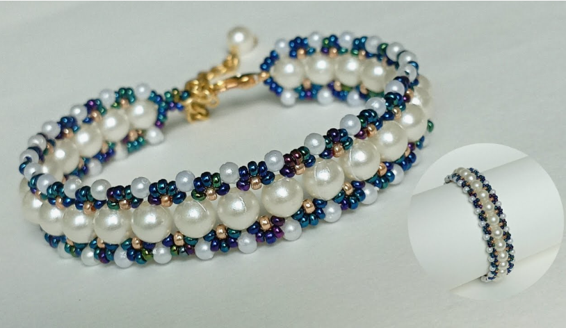 50+ Easy DIY Crafts to Sell and Make Extra Money Easy DIY crafts to sell: A beaded pearl bracelet featuring rows of white pearls bordered by small blue, purple, and metallic seed beads, with a gold clasp and a circular inset showing the bracelet worn around a wrist.