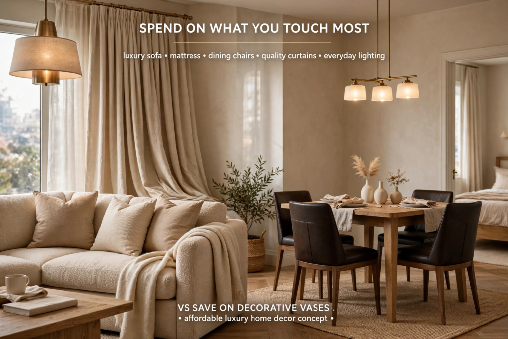 Open-concept living and dining area demonstrating an affordable luxury home decor concept by investing in tactile, everyday essentials like quality sofas, curtains, and dining chairs.   