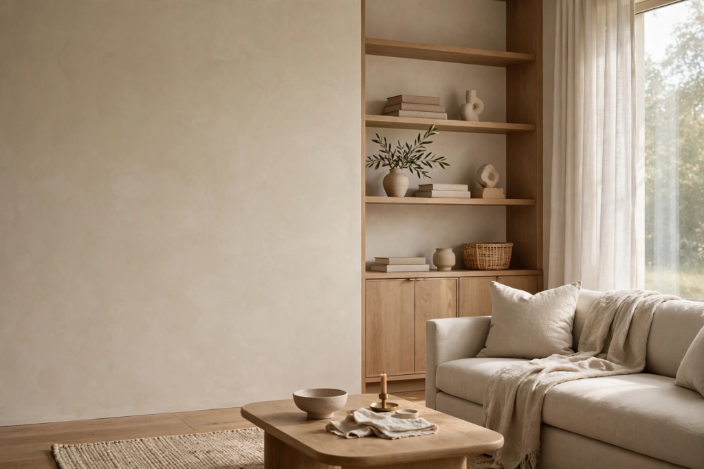 Minimalist living room featuring affordable luxury home decor, with an empty beige plaster accent wall, built-in wooden shelves, and neutral sofa.   