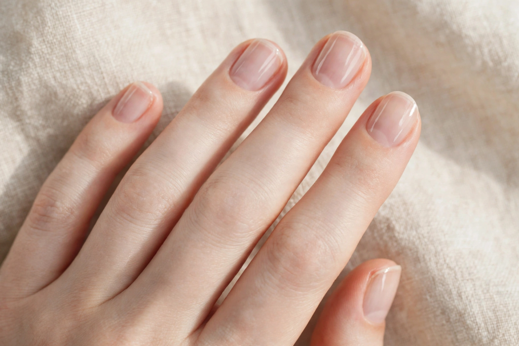 20 Minimalist Nail Designs for Short Nails Minimalist nail designs for short nails showing clean, natural manicured short nails coated in glossy sheer clear polish resting against textured linen fabric.