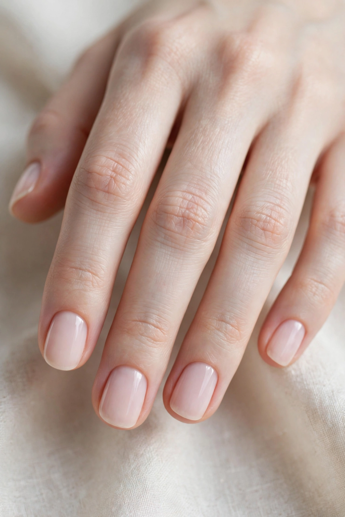 20 Minimalist Nail Designs for Short Nails Minimalist nail designs for short nails featuring soft milky pink polish on neatly shaped, short squoval nails against a neutral fabric background.
