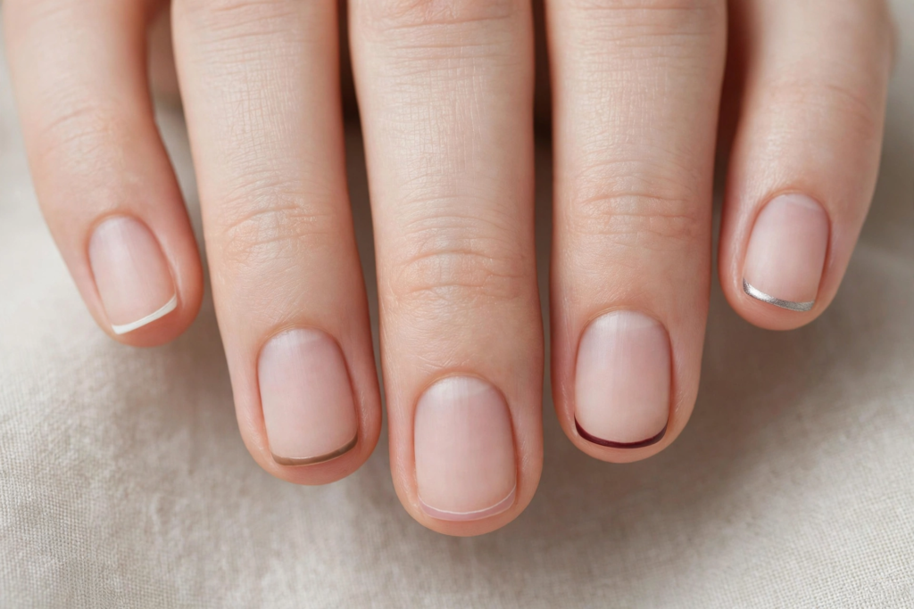 20 Minimalist Nail Designs for Short Nails Minimalist nail designs for short nails showcasing natural sheer manicured nails with ultra-thin micro French tips in muted multi-colored tones.