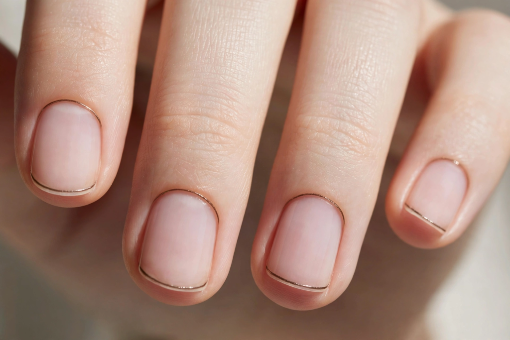 20 Minimalist Nail Designs for Short Nails Minimalist nail designs for short nails featuring sheer natural pink polish delicately outlined with ultra-thin metallic gold border lines.