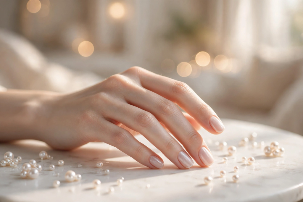 20 Minimalist Nail Designs for Short Nails Minimalist nail designs for short nails showcasing iridescent glazed pearl finish polish on neatly manicured short nails resting on a marble surface surrounded by pearls.