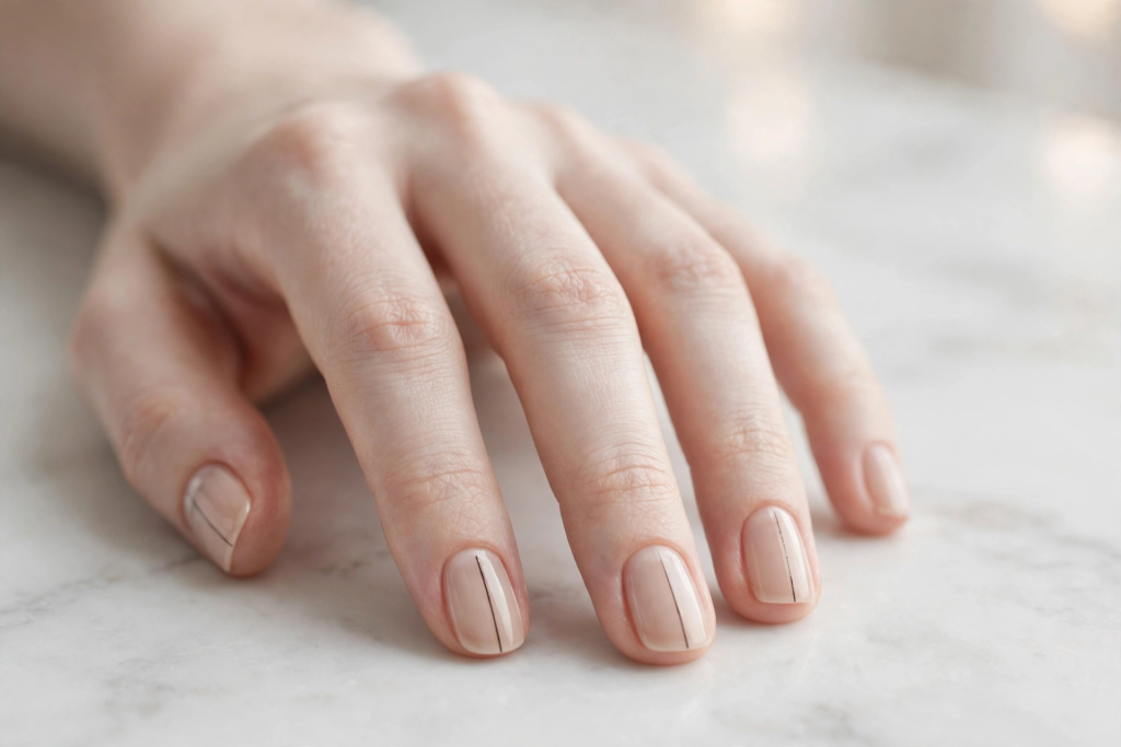 20 Minimalist Nail Designs for Short Nails Minimalist nail designs for short nails showcasing glossy sheer nude polish accented with a single, delicate vertical black stripe down the center of each nail.