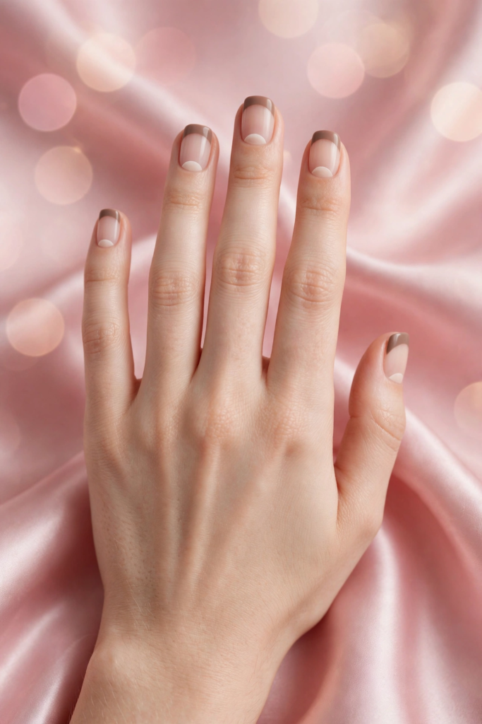 20 Minimalist Nail Designs for Short Nails Minimalist nail designs for short nails featuring sheer negative space with soft taupe French tips and matching half-moon cuticle accents on a pink satin backdrop.