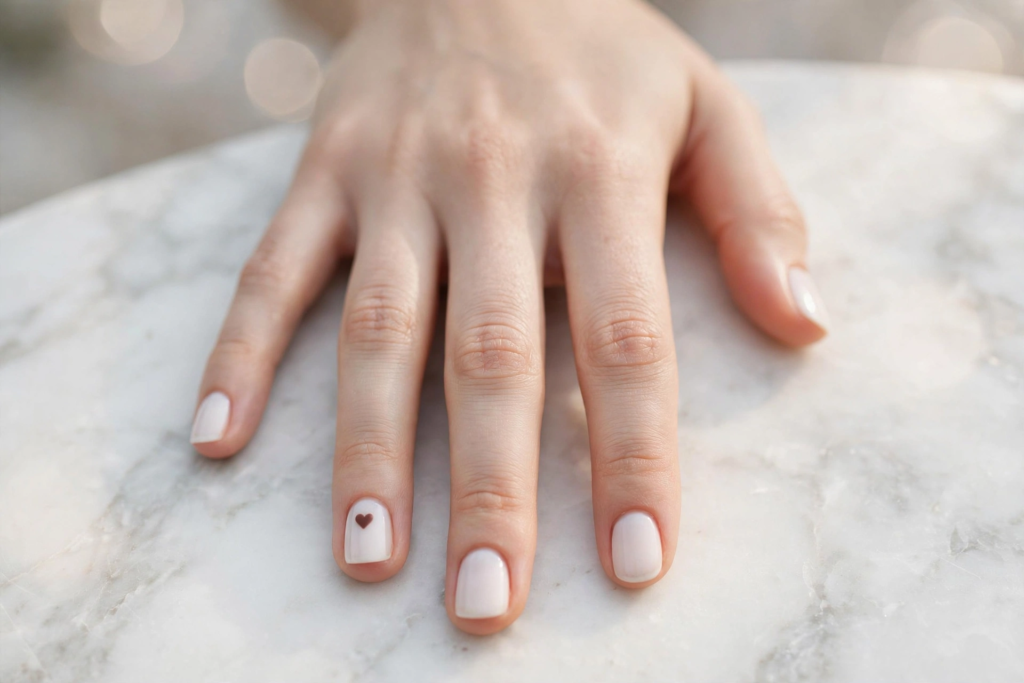 20 Minimalist Nail Designs for Short Nails Minimalist nail designs for short nails showcasing soft milky white polish accented with a tiny black heart detail on the ring fingernail resting on a marble surface.
