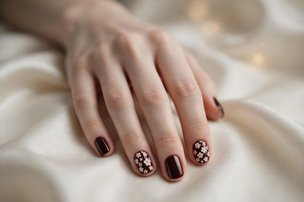 20 Minimalist Nail Designs for Short Nails Minimalist nail designs for short nails featuring deep chocolate brown polish accented with delicate white daisy floral art on select nails against cream satin fabric.