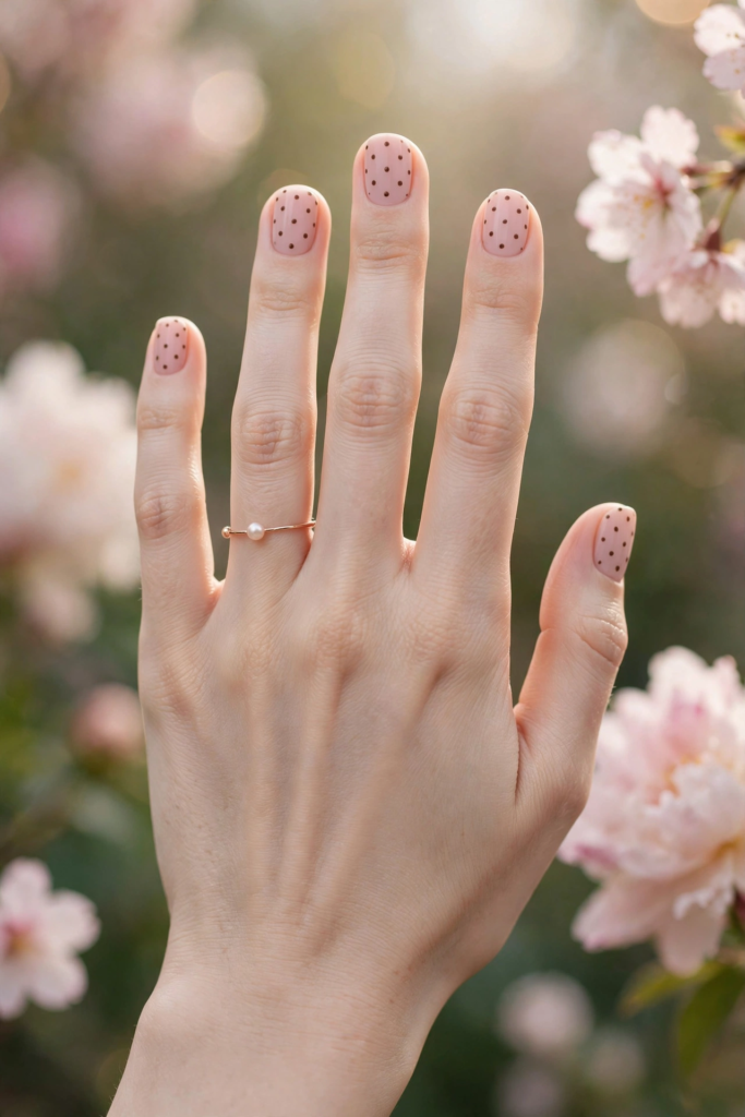 20 Minimalist Nail Designs for Short Nails Minimalist nail designs for short nails featuring matte sheer nude polish decorated with delicate black polka dots against a soft pink floral background.