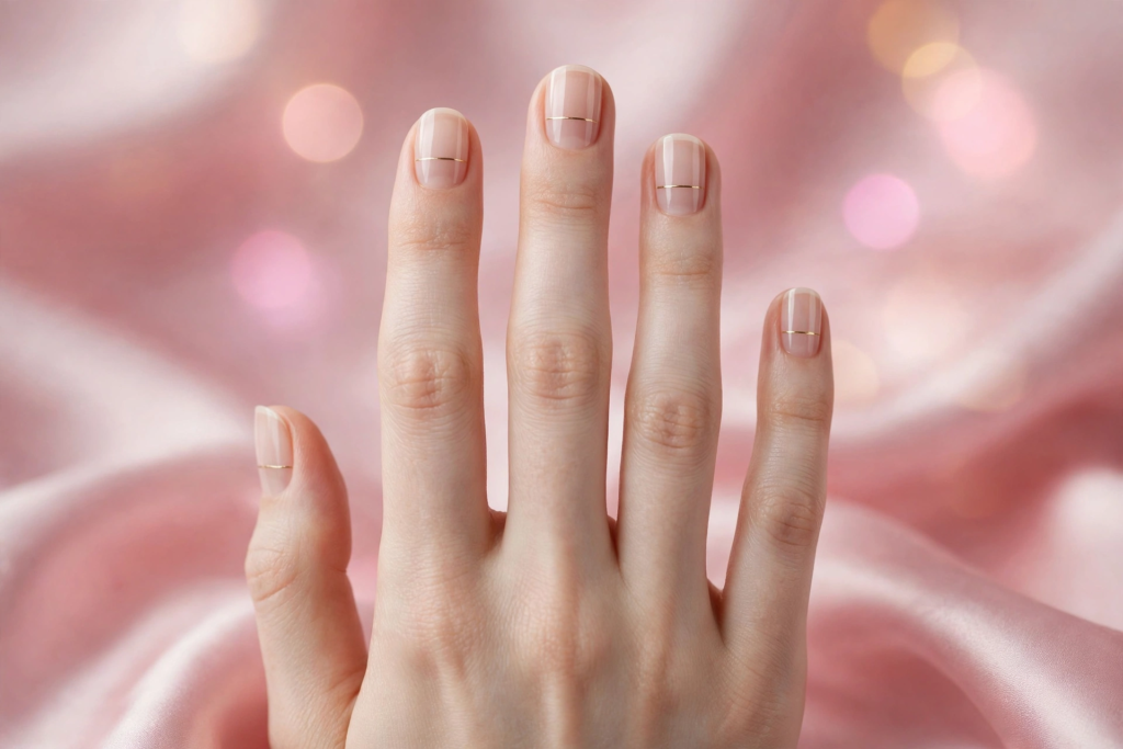20 Minimalist Nail Designs for Short Nails Minimalist nail designs for short nails featuring sheer natural glossy polish accented with a single delicate horizontal gold stripe across each nail against shimmering pink satin fabric.