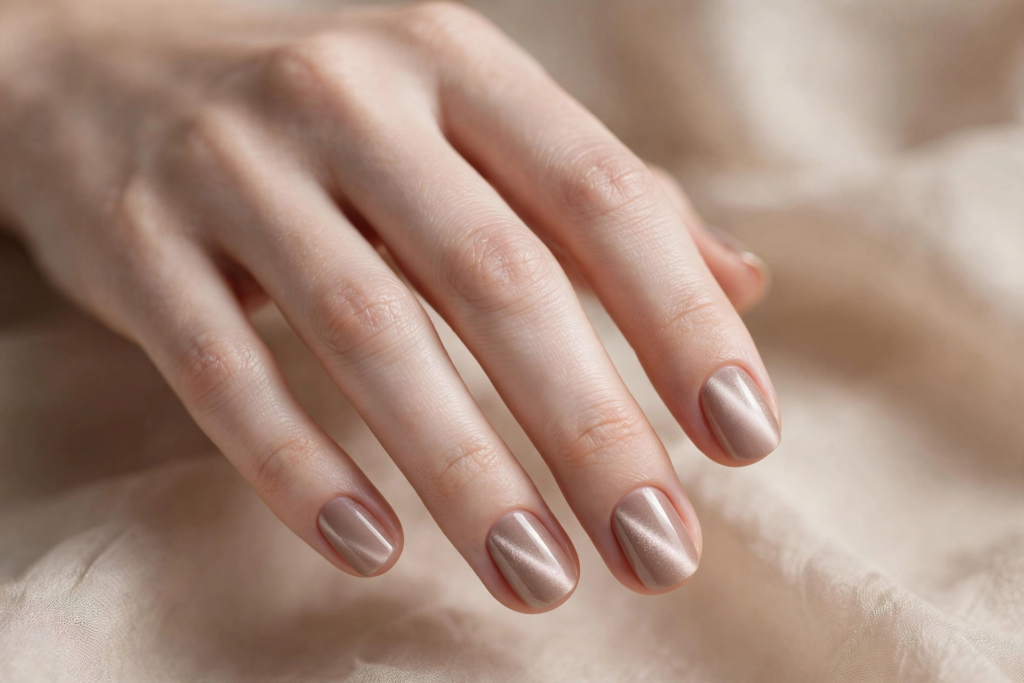 20 Minimalist Nail Designs for Short Nails Minimalist nail designs for short nails showcasing elegant champagne velvet cat-eye shimmer polish on neatly shaped short nails against neutral draped linen fabric.