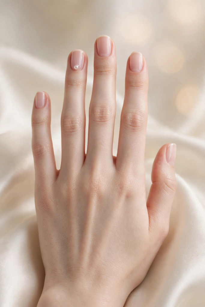 20 Minimalist Nail Designs for Short Nails Minimalist nail designs for short nails featuring sheer natural glossy pink polish with a single delicate pearl stud accent at the cuticle of the pinky finger against cream satin silk.