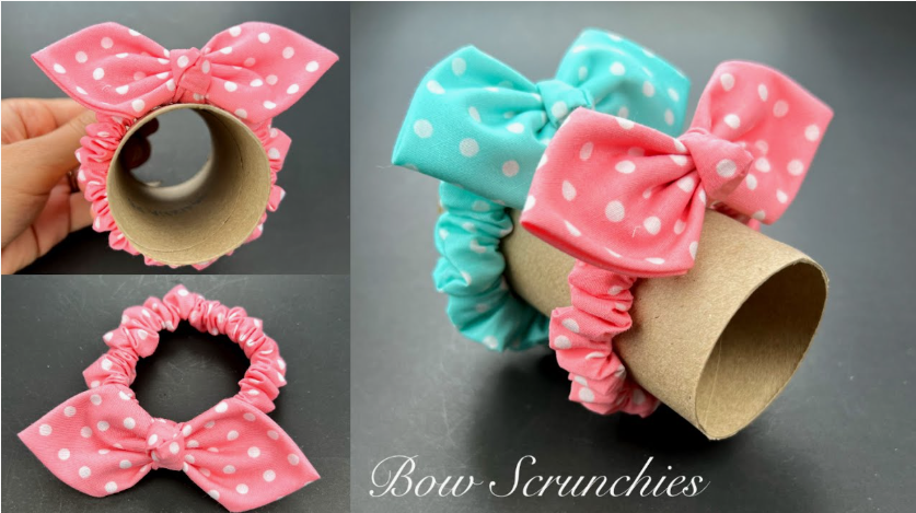50+ Easy DIY Crafts to Sell and Make Extra Money Easy DIY crafts to sell: Polka-dot fabric bow scrunchies in pink and teal, displayed on cardboard rolls and individually.